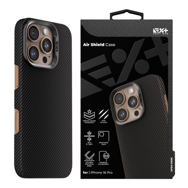 Husa Next ONE AirShield Magnetica din Aramida pentru iPhone 16 Pro, Protectie avansata, MagSafe, Subtire, Neagra