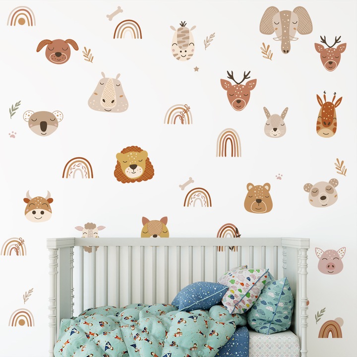 Stickere decorative Set Stickere Decorative de Perete pentru Camera Copii, Model Animale Safari si Curcubeu Stil Boho, Autocolant PVC, Detasabil, 2 Coli 30x21cm, Multicolor
