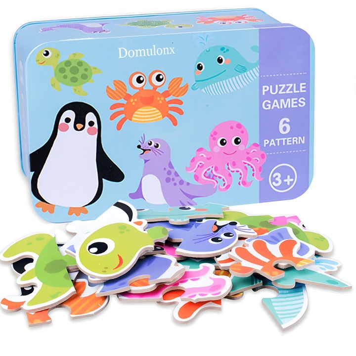 Образователен дървен пъзел комплект, 6 морски животни, метална кутия, 16x10x7см