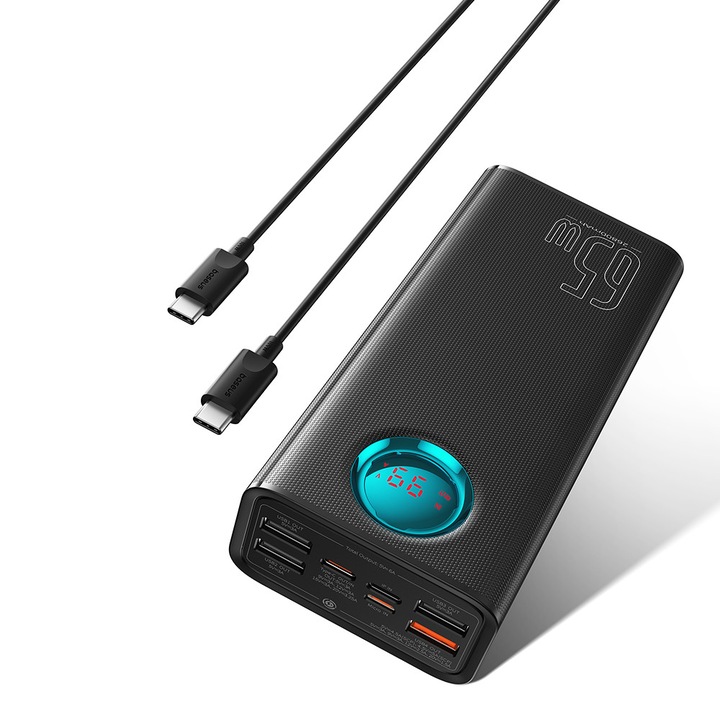 Power Bank (P10022402113-00), Baseus, 4x USB, Type-C, Lighting, Micro-USB, Fast Charge, 65W, 26800mAh, Cable USB-C - Black