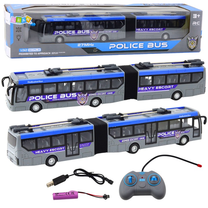 Pragubov Zdalnie Sterowany busz LEAN TOYS 1:32, LED, 36x5,3x6cm, elemmel és USB kábellel