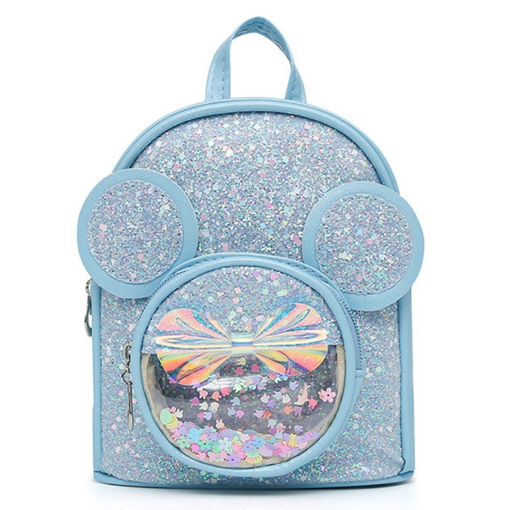 Gyerek hátizsák flitterekkel, egérfülekkel, kék, 22 cm, 3 l