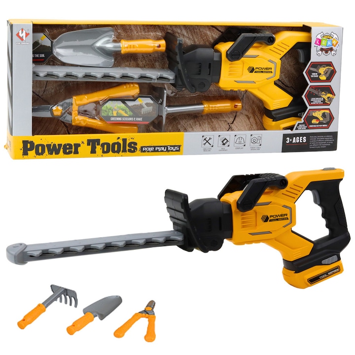 Set joaca gradinarit LEAN TOYS, nozite electrice, secator, lopatica, galben\negru, 58,6x22,55x8,65cm