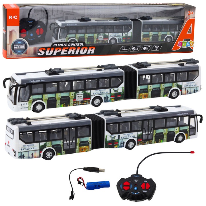 Troleibuz urban zburator LEAN TOYS, 36 cm, cu lumini LED, acumulator 3,7V 500mAh, set complet