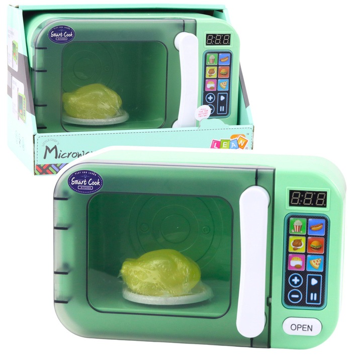 Mikrofala pentru copii, LEAN TOYS, verde, 24,5x15,5x14,5cm, cu sunete si lumini, set cu curcan plastic