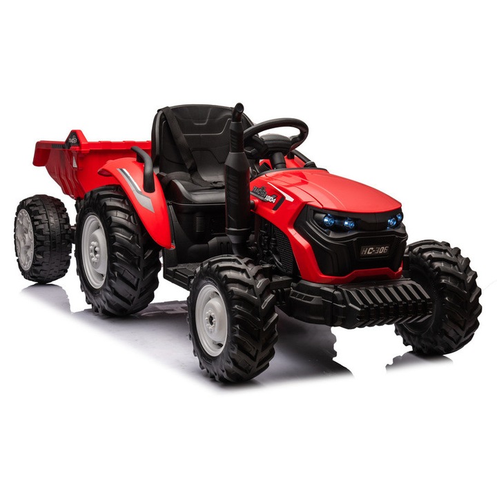 Tractor cu baterie LEAN HC-306, roșu, cu remorcă 24V, dimensiuni vehicul 125x58x37cm, dimensiuni remorcă 67x61x35cm