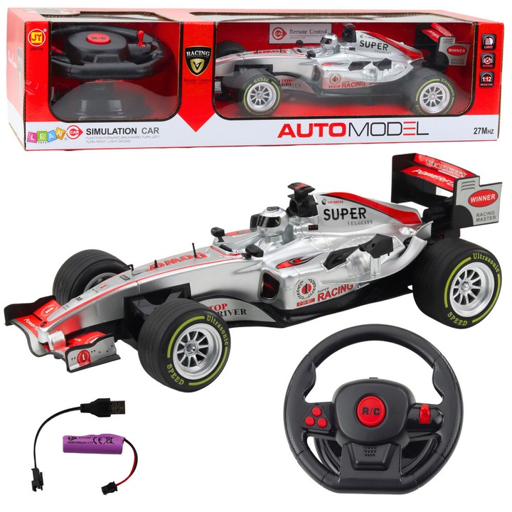 RC количка 1:12, LEAN TOYS, със светлини и звуци, сребриста, 37x15x10см, пълен комплект