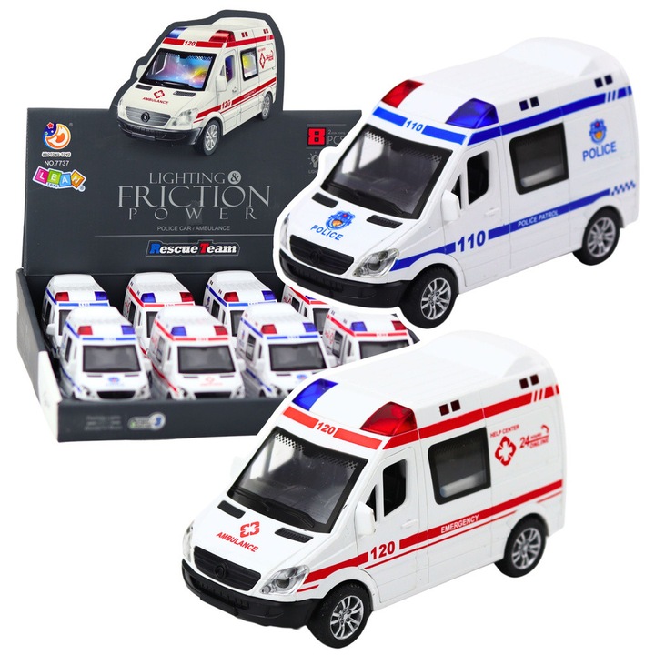 Ambulanta Politieneasca cu Efecte Luminoase si Sonore, LEAN TOYS, 14x8x7cm, Set 8 bucati