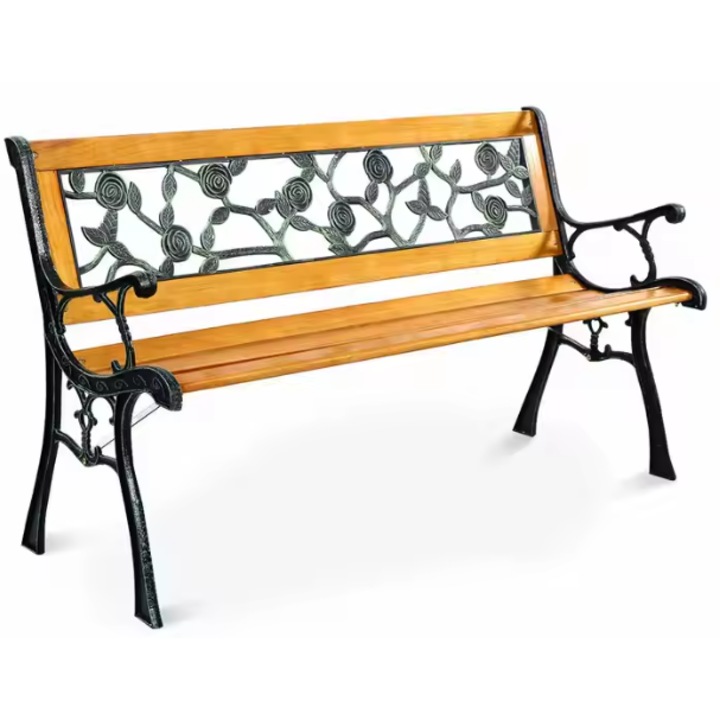 Banca de gradina din lemn cu spatar, Lean, design elegant, metal, 125x53cm