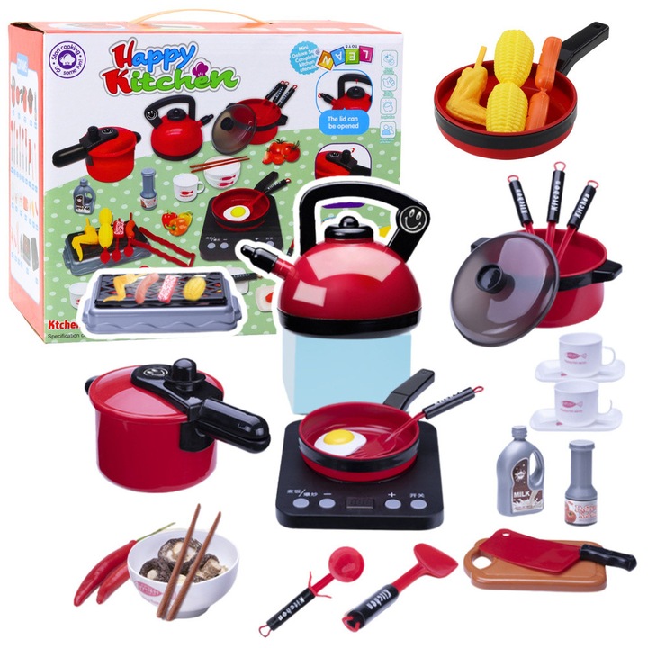 Set de bucatarie pentru copii, LEAN TOYS, 36 elemente, rosu-negru, dimensiuni 28x23,5x18cm