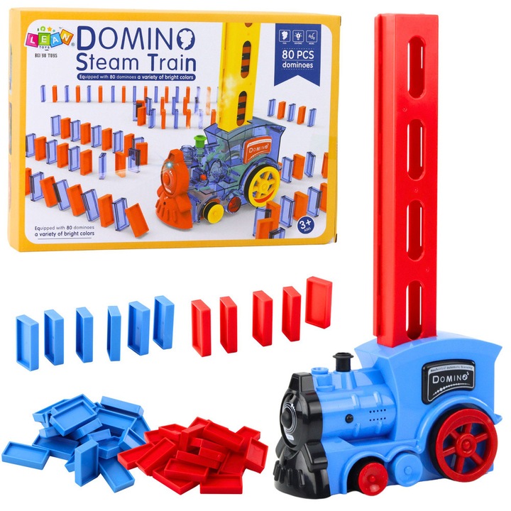 Trenulet electric cu functie de fum, LEAN TOYS, set 80 piese domino, multicolor