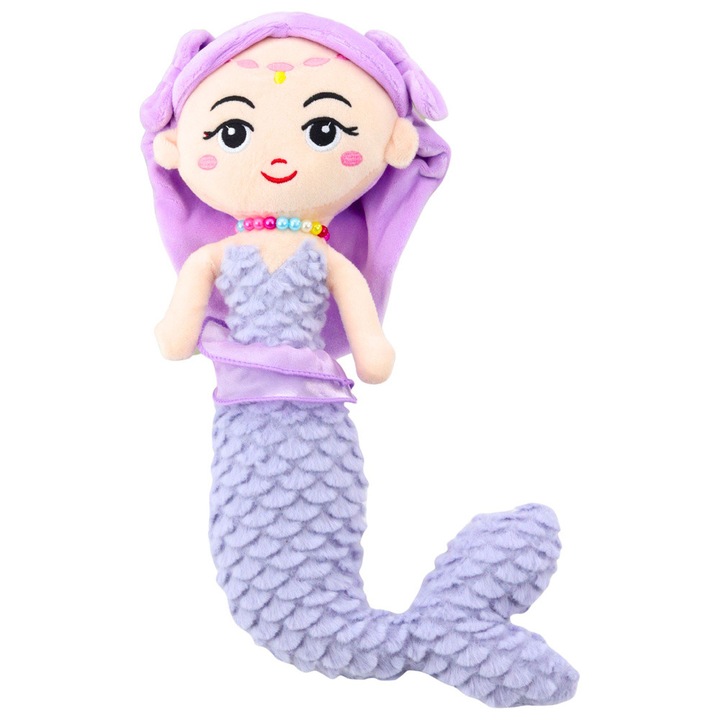 Sirena de plus LEAN TOYS, violet, 32x14x6cm, cu coada din material textil, colier din margele
