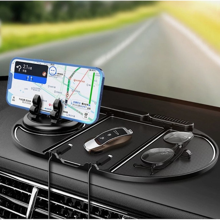 Suport auto antiderapant multifunctional, detector radar, suport navigatie, covoras antiderapant auto pentru bord masina, slot ochelari si aromaterapie, silicon pad, lipire, 30x15cm