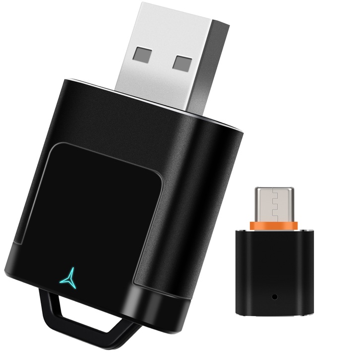 Vezeték nélküli CarPlay és Android Auto adapter 2 az 1-ben Kompakt, MaxTech®, USB + C típusú, Plug & Play, Hangvezérlés, Vezeték nélküli, VW, Skoda, Audi, Ford, Dacia, Renault, Toyota, Hyundai, Peugeot, BMW, A modell