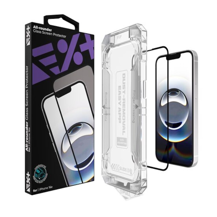 Folie de sticla securizata Next ONE All-Rounder pentru iPhone 16e, protectie integrala, aplicator inclus, transparenta