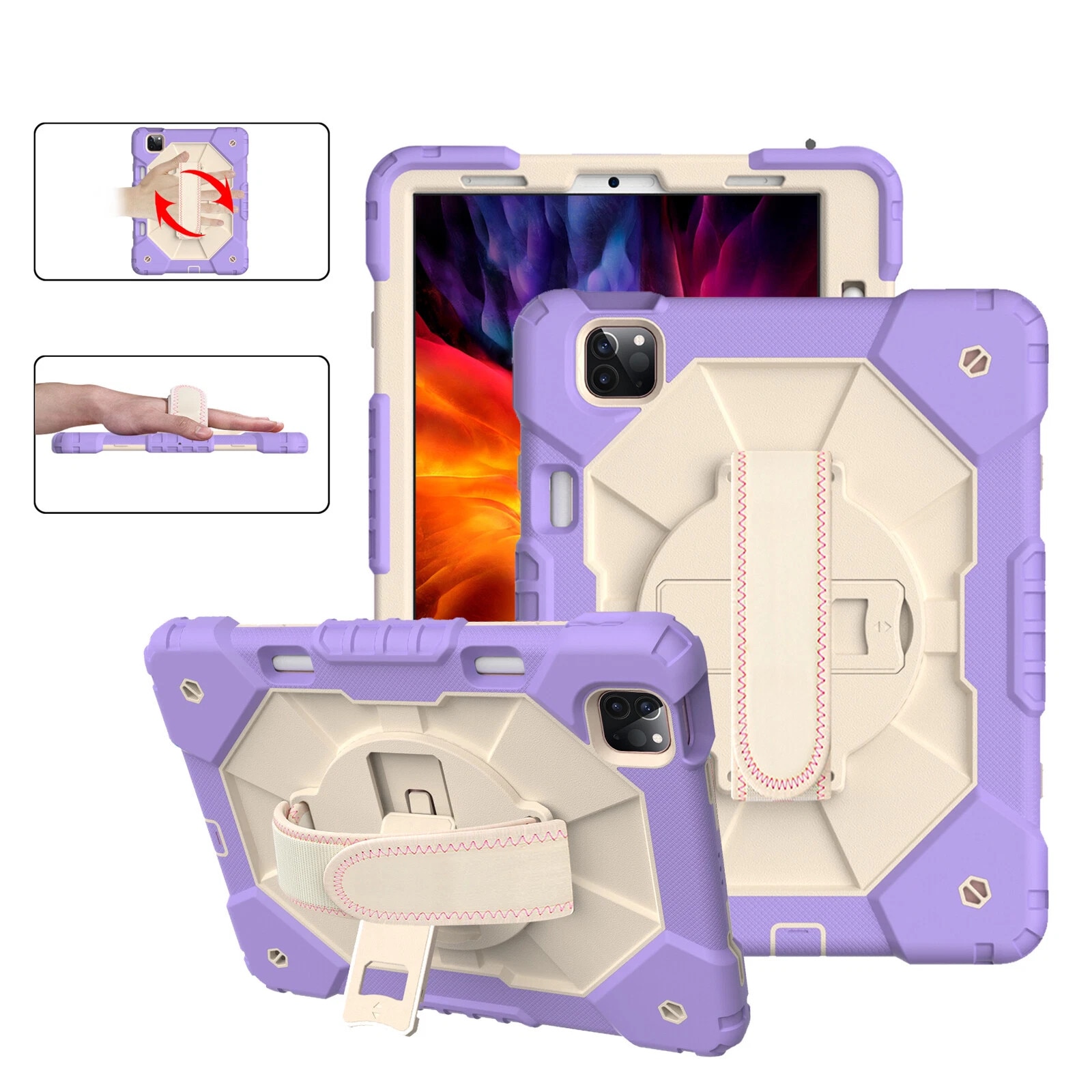 Husa tabletă din silicon rezistentă la șocuri cu suport și curea de umăr pentru iPad Pro 11, violet bej