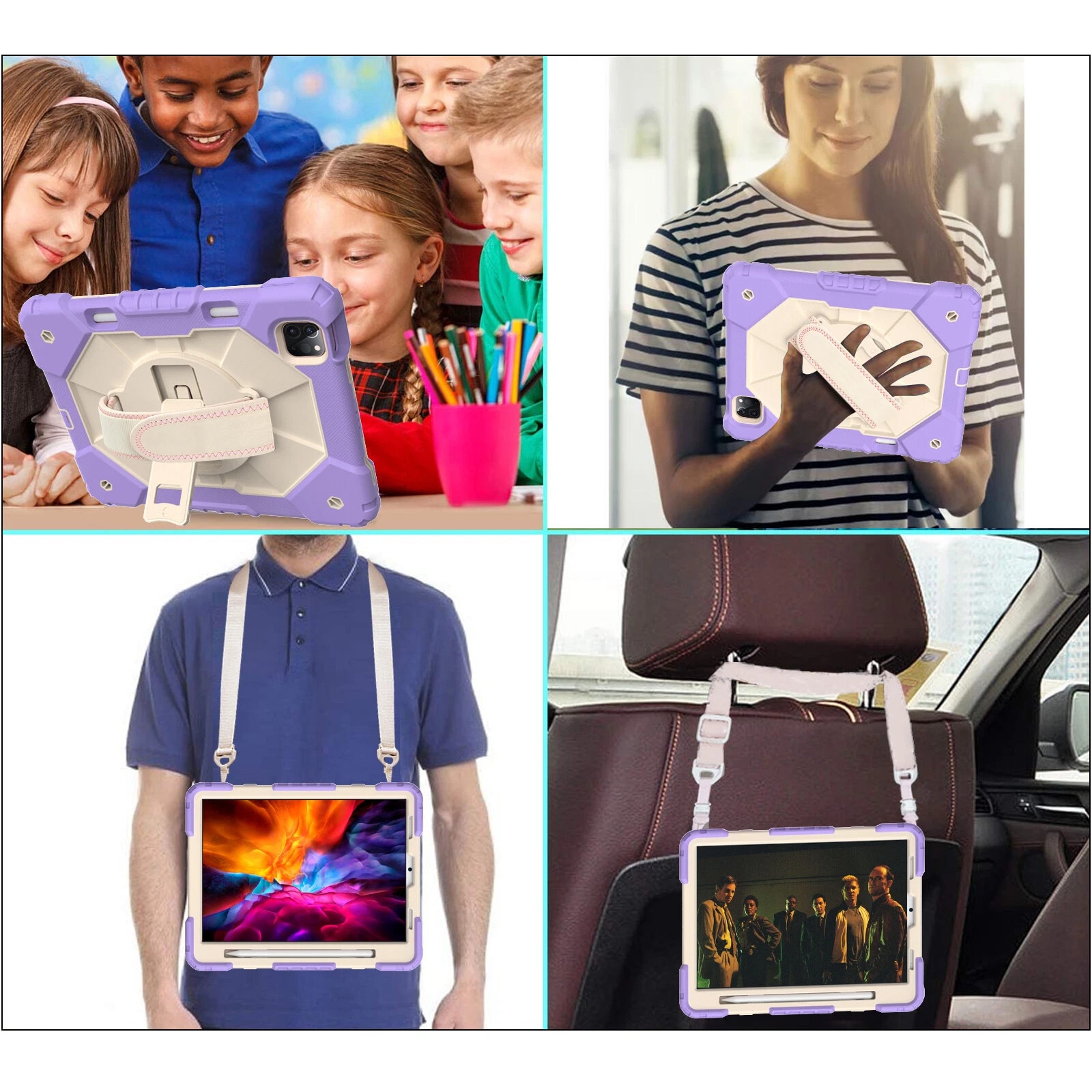 Husa tabletă din silicon rezistentă la șocuri cu suport și curea de umăr pentru iPad Pro 11, violet bej