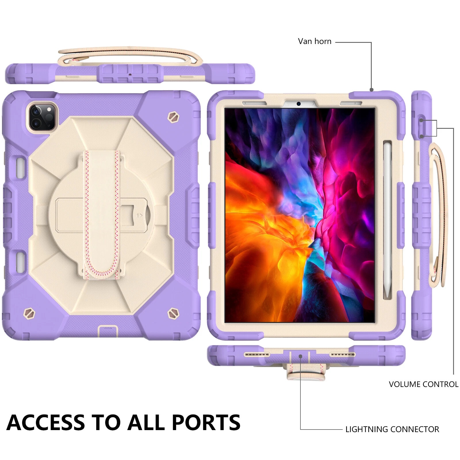 Husa tabletă din silicon rezistentă la șocuri cu suport și curea de umăr pentru iPad Pro 11, violet bej
