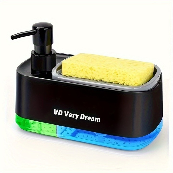Set dispenser detergent vase multifunctional cu suport pentru burete, plastic, VD Very Dream, Negru
