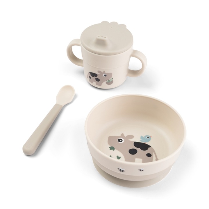Set de masa pentru bebelusi Done by Deer, 3 piese, antiderapant, culoare nisip, dimensiuni: 12,5x5,5cm, 8x9cm, 14cm