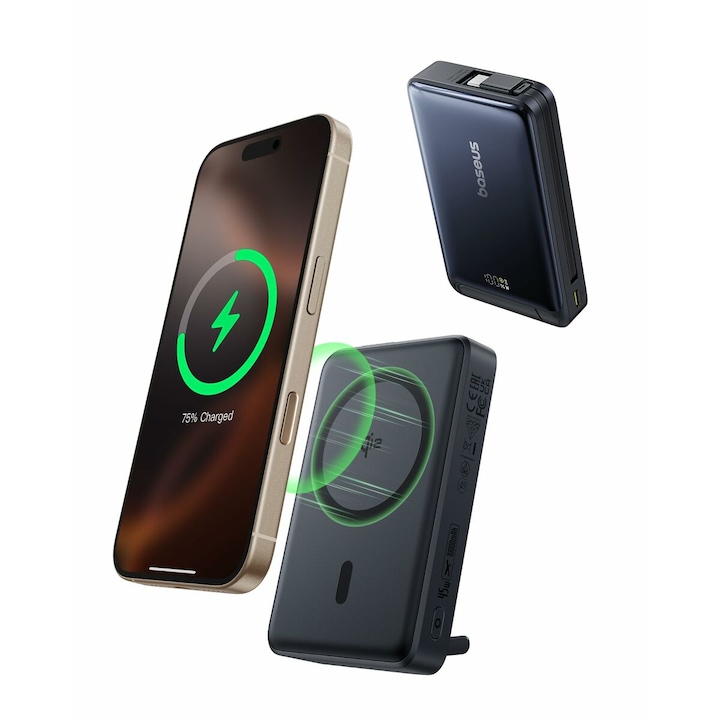 Baseus Nomos Qi2 Magnetic 10 000 mAh külső akkumulátor, 45 W, USB-C kábel, fekete