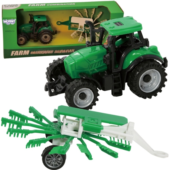 Tractor de jucarie Woopie verde cu grebla atasabila compact