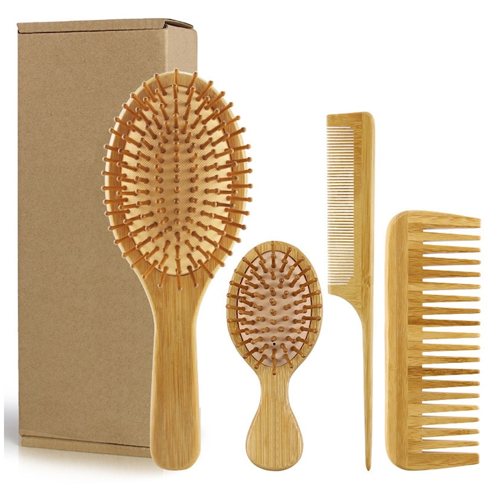 Set 4 Perie de par, Axroad Mall, Perie ovala pentru adulti si copii, Design ergonomic, Pentru masajul scalpului, Reduce frizz, Usor de curatat, Pentru par umed si uscat, Bambus natural, 7.5*5*24.5cm, Maro