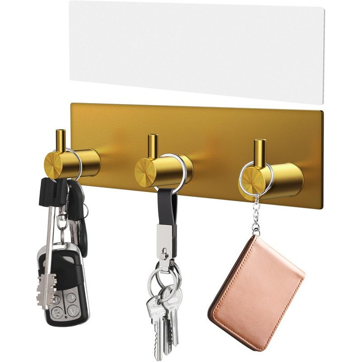 Suport chei de perete, Cosyhug, inox, autoadeziv, 3 carlige, auriu