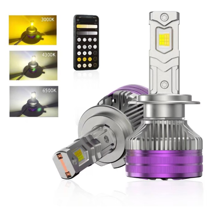Set 2 Becuri Auto H4 INELAG Premium, LED Chip CSP, Putere de 160W, 3000K, 4300K, 6500K Galben-Alb Reglabil Din Telecomanda, 16000LM Canbus, Fara Eroare de Bec Ars, cu Ventilator pentru Racire