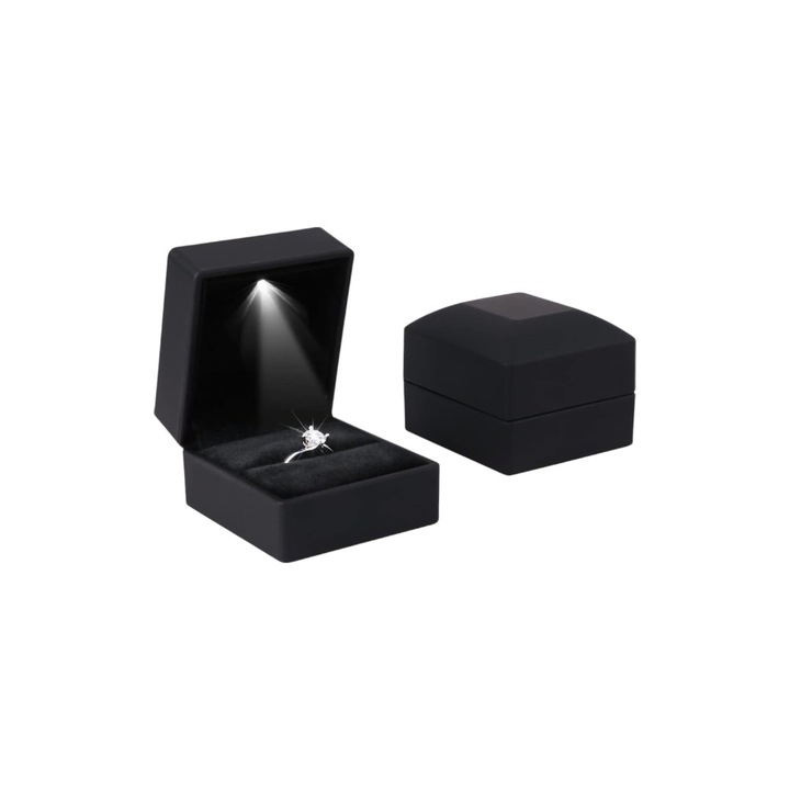 Cutie bijuterii design elegant, LED la deschidere, interior material catifea, logodna, casatorie, inel, colier, cercei, pandativ, neagra mat, 6x6x5cm