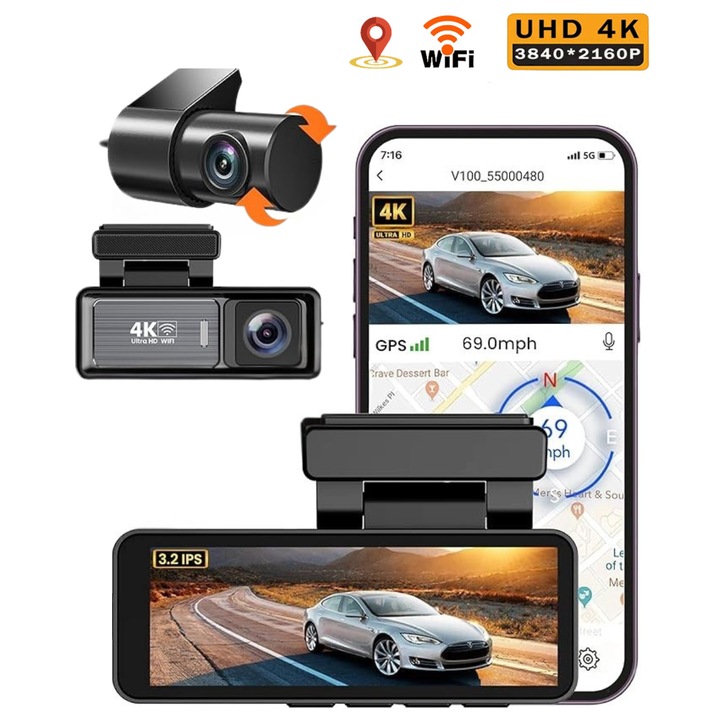 QOVU® M9 Двойна 4K предна 2K интериорна/задна DVR видеорегистратор, 3.2" екран, GPS и WiFi, 170° и 140° ултраширок обзор, сензор за сблъсък и сензор за нощно виждане, опционално 24-часово наблюдение на паркирането