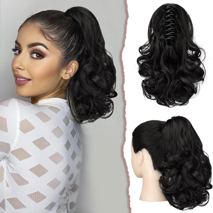 Coada de par ondulat, Oskar Shop, Negru, Fibra Termorezistenta, Usor de Aplicat