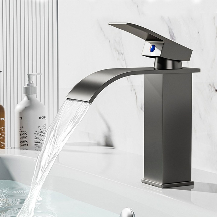 Baterie Chiuveta Baie, Tip Cascada, Monocomanda, Finisaje premium, Racorduri incluse, Otel Inoxidabil, Inox SUS304, Puternica si Durabila, Rezistenta la rugina si coroziune, Montare Rapida, Negru, 17 CM