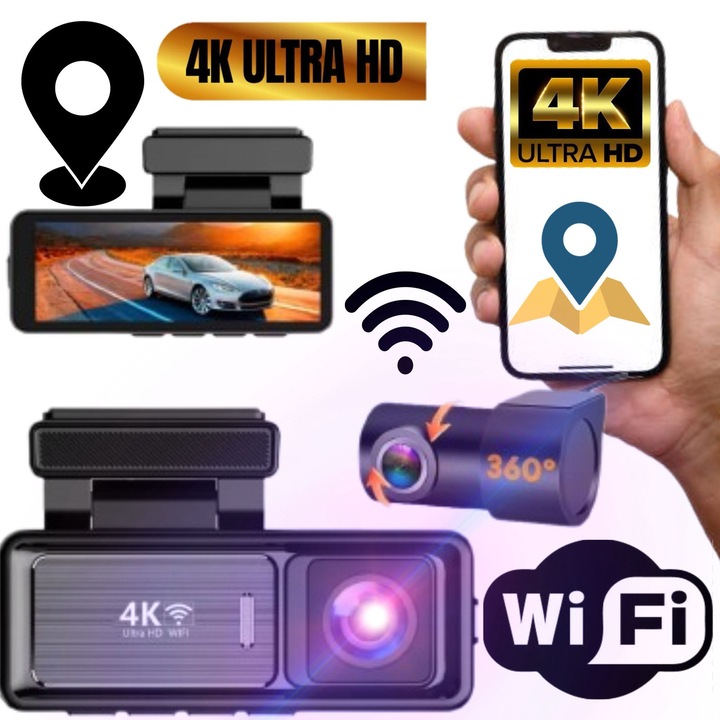 AMYMAT Dual 4K+1080P autós DVR kamera, WiFi, éjjellátó, 3,45"-os képernyő, folyamatos felvétel, komplett szett
