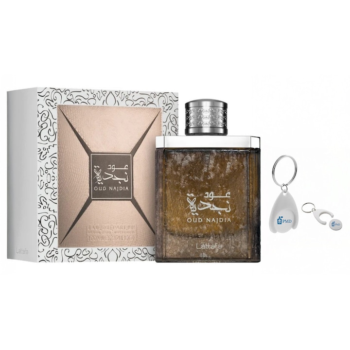 Set Apa de Parfum Lattafa Oud Najdia, Barbati, 100ml cu Breloc Personalizat "PMD", Aroma Orientala, Persistenta Foarte Buna