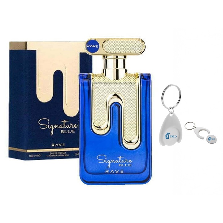 Set Apa de Parfum Rave Signature Blue, Barbati, 100ml, Breloc Personalizat "PMD", Prospetime, Eleganta