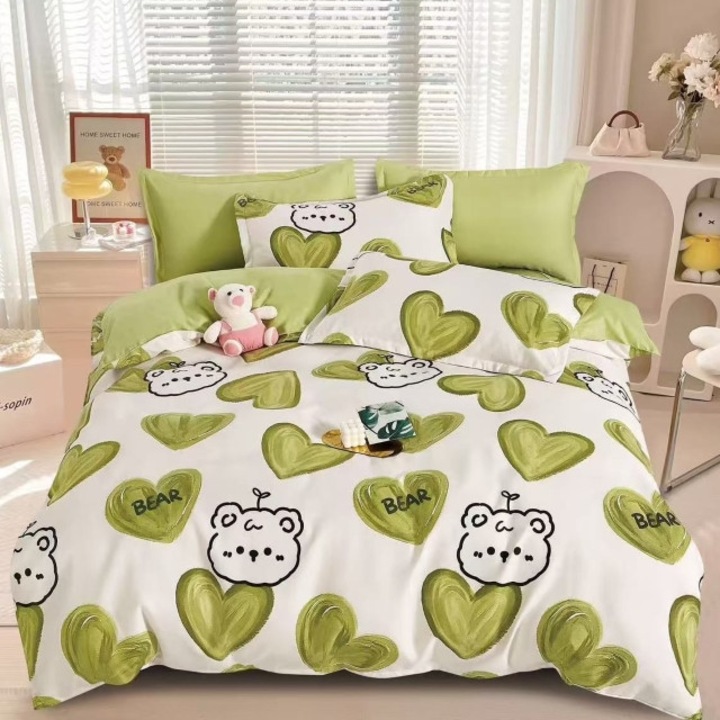 Спално бельо, Финет, Чаршаф с плънка, За 1 човек, 4 части, 140x200 см, Принт на сърце, Маслинено зелено-бяло