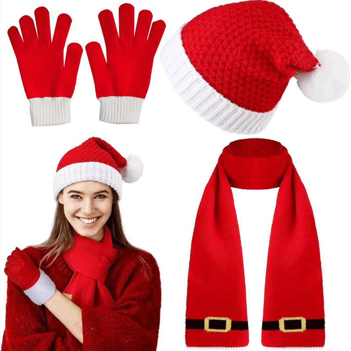 Téli sapka szett, Esther Beauty®, sálat és érintőképernyős kesztyűt hozz magaddal, puha, meleg kötésű, univerzális méret, karácsonyi ajándék, élénkpiros