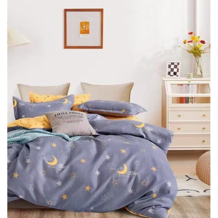 Спално бельо, Финет, Чаршаф с плъзгащ се качулка, за 1 човек, 4 части, 140x200 см, Принт със звездно небе, Тъмносиньо-жълто