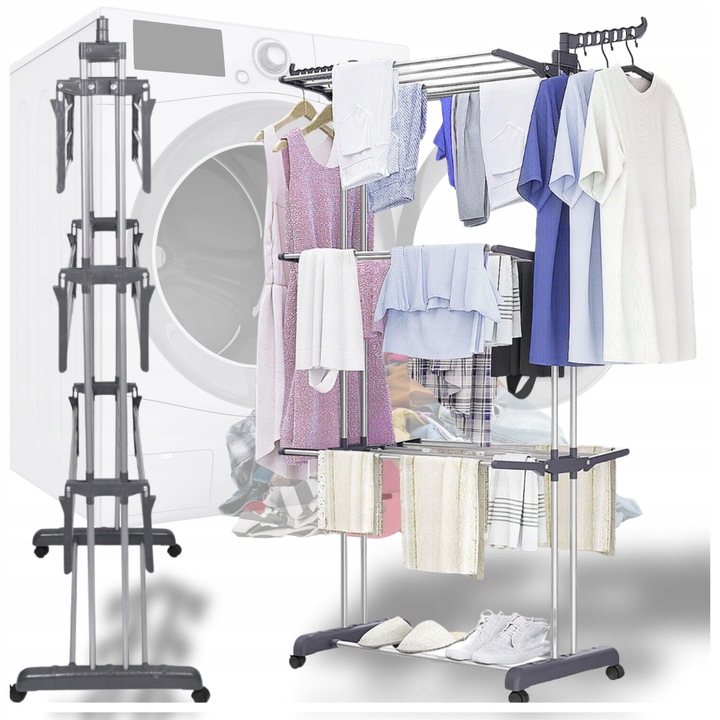 Uscator rufe Avante vertical, 3 niveluri, negru, 165x125x63cm