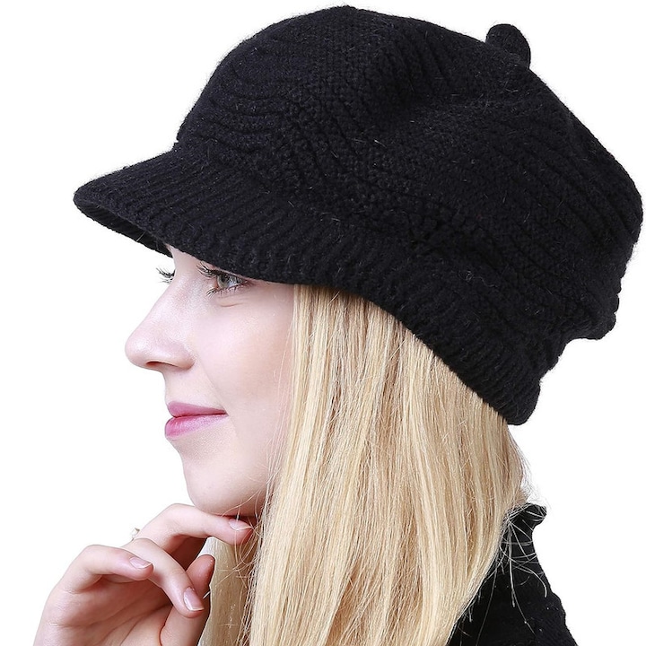 Дамска шапка с козирка, топла барета Esther Beauty®, защита от вятър/сняг, универсален размер, черна