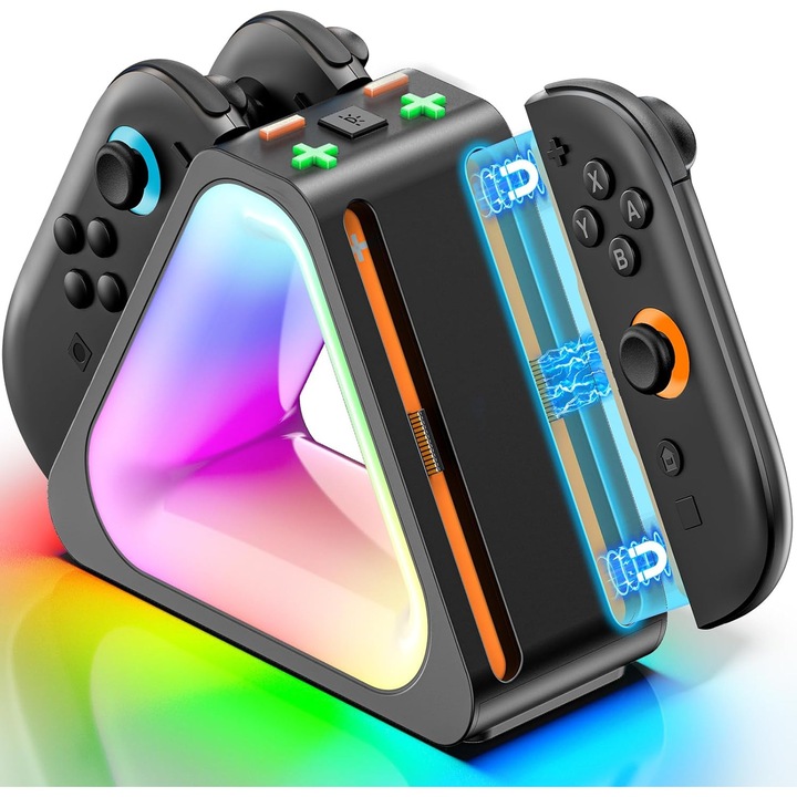 Statie de incarcare iNext Joy-Con 2 pentru controlerul Nintendo Switch 2 2025, statie de incarcare rapida ergonomica si magnetica cu cablu de incarcare, lumina RGB si indicator de incarcare, Negru