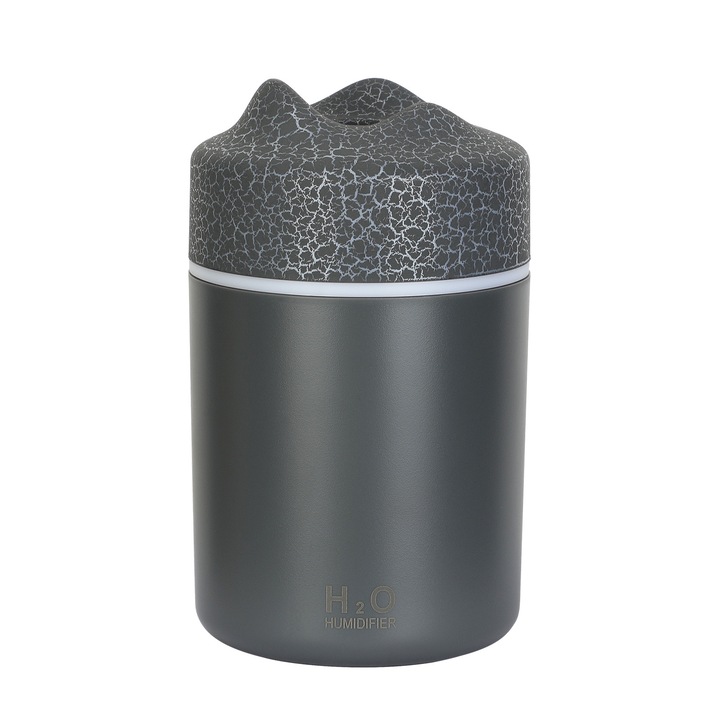 Mini Vulkán párásító, szilikon, 300ml, szürke, 7.8x7.8x13cm, folyamatos és szakaszos üzemmód