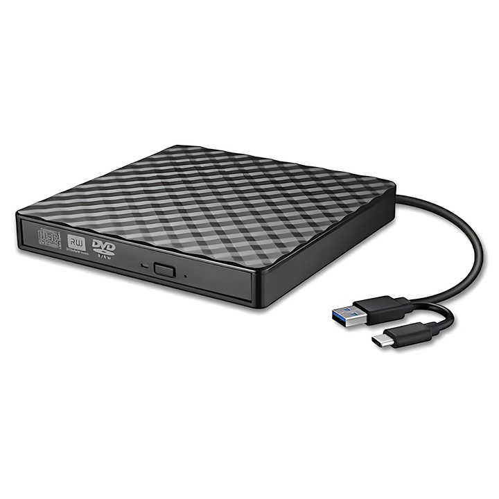 Външно CD/DVD устройство, Dussdote, USB 3.0/Type-C, Plug & Play, Ултратънък преносим дизайн, Съвместим с лаптоп, PC, настолен компютър, Windows 10/8/7, ABS, 14.2 x 14.2 x 1.7 см, Черен