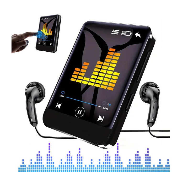 MP3 zenelejátszó, Dussdote, teljes érintőképernyő, 64 GB tárhely, TF kártya bővíthetőség, beépített hangszóró, Bluetooth kapcsolat, fekete, hangrögzítő, videolejátszás és e-könyv olvasó