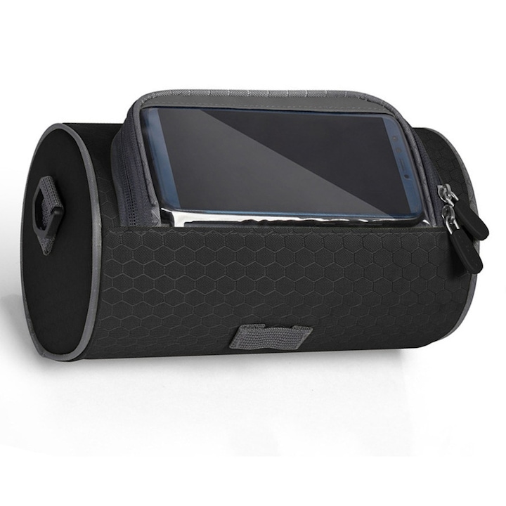 Borseta bicicleta impermeabila, montare pe ghidon, pentru telefoane pana in 6.1 inch, Negru, Touch screen, Geanta de mesager usoara, Geanta frontala pentru bicicleta