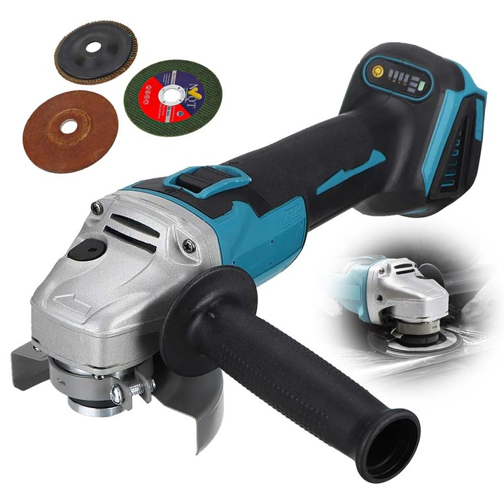 Polizor Unghiular 860W, 125mm, motor fara Peri, 11000rpm, 3x Disc, Compatibil cu Baterii Makita 18V, Viteza reglabila si Blocare Ax, pentru Taiere si Slefuire Metal/Lemn