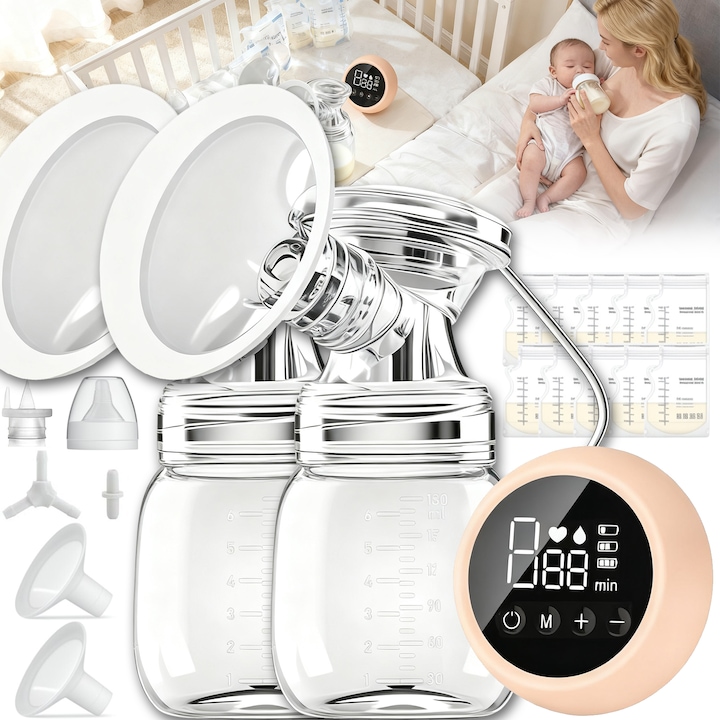 Двойна електрическа помпа за кърма, преносима, BYONDSELF®, с 10 торбички за съхранение на мляко, 2 шишета 180 мл, използване без ръце, функция масаж, 2 режима и 9 нива на скорост, без BPA, тиха, розова