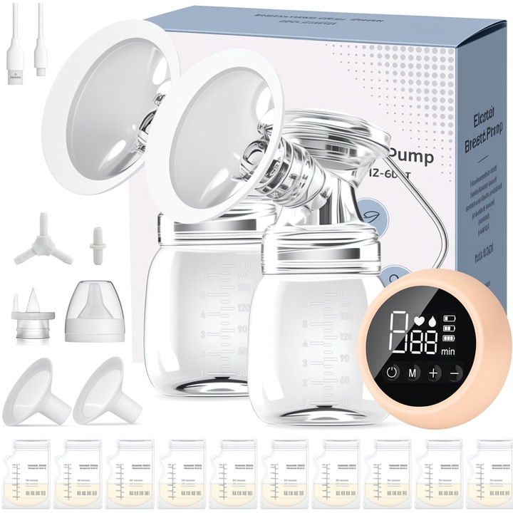 Dupla Elektromos Mellszívó, Hordozható, BYONDSELF, 10 tejtároló zacskóval, 2 db 180 ml-es cumisüveggel, Kézmentes használat, Masszázs funkció, 2 üzemmód és 9 sebességi szint, BPA-mentes, Csendes, Rózsaszín