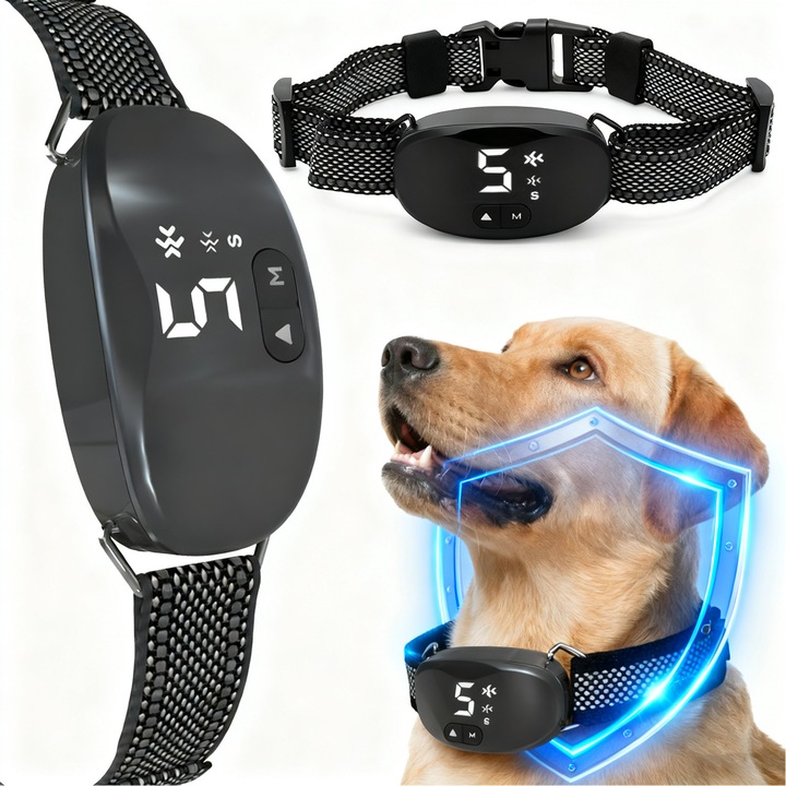 Електрически нашийник против лай за големи, средни и малки кучета, BYONDSELF® 3 режима, Звук, Вибрации, Статичен шок, 7 нива, Водоустойчив IP67, LED дисплей, Черен